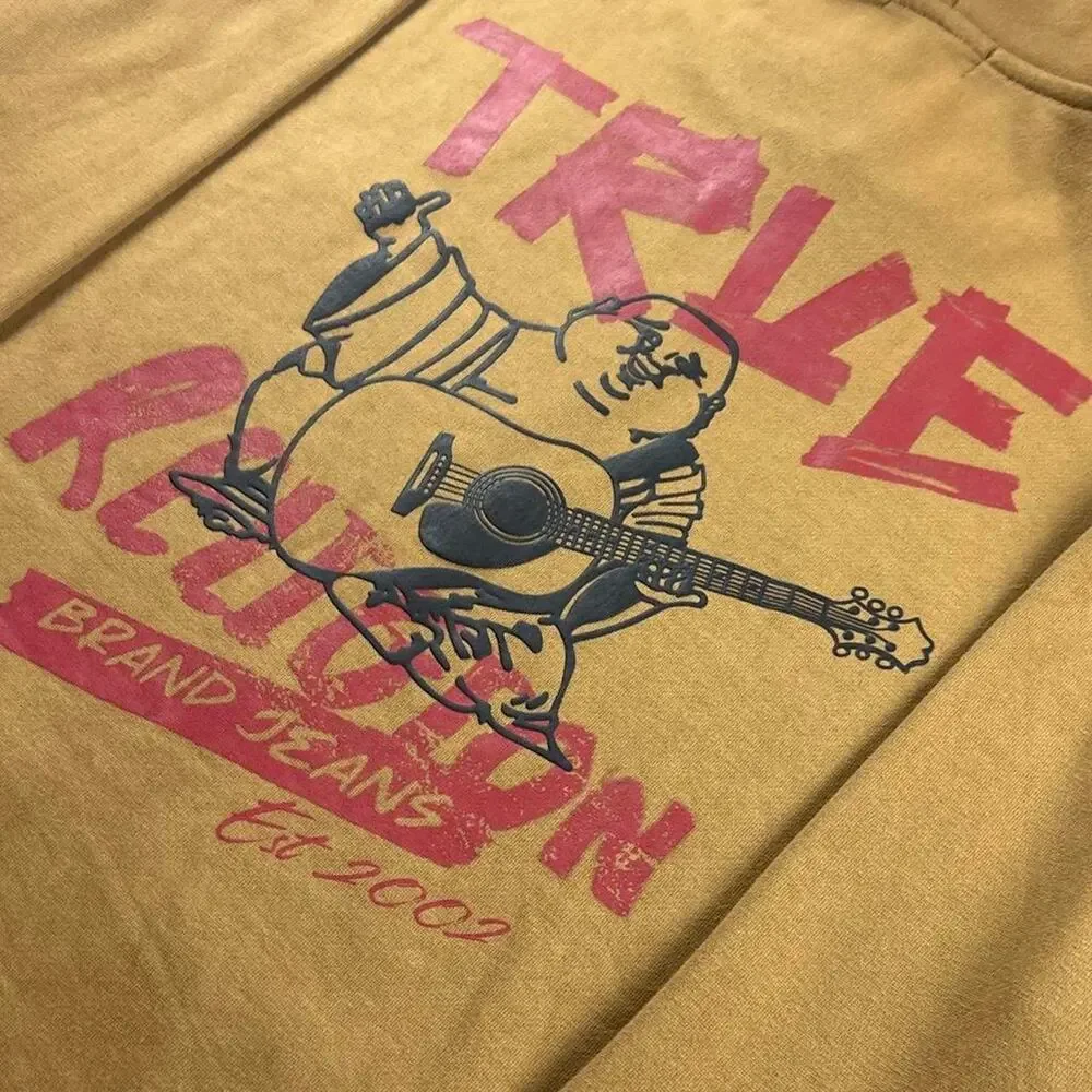 True Religion Men’s XL Tan Buddha Guitar Graphic Zip Up Hoodie Y2K